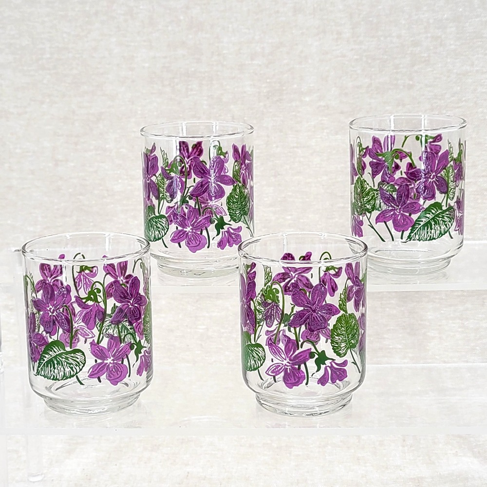 Vintage Libbey LRS88 6 Oz Flat Tumblers Purple Violets Floral Set of 4